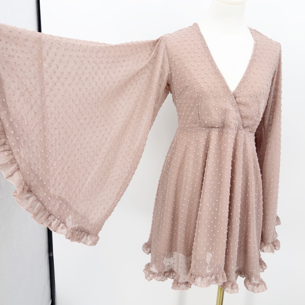 Swiss Dot Mini Dress Bell Sleeve Ruffle Pink 6 Boho Cottagecore Fairy Coquette